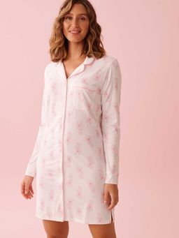 La Vie En Rose - Spa Time Teddy Print Super Soft Button-Down Sleepshirt