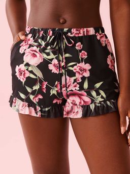 La Vie En Rose - Peony Print Recycled Fibers Mesh Trim Shorts Black