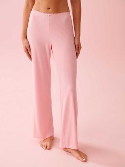 La Vie En Rose - Ribbed Modal And Lace Trim Pants Pink