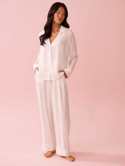 La Vie En Rose - Striped Long Sleeve Satin Nightsuit White