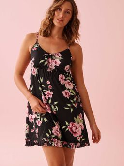 La Vie En Rose - Peony Print Recycled Fibers Mesh Trim Nightdress Black