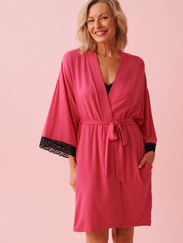 La Vie En Rose - Lace Trim Modal Kimono With Belt