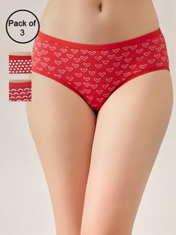 Clovia - Womens Mid Waist Printed Cotton Hipster Panty Red (Pack of 3)
