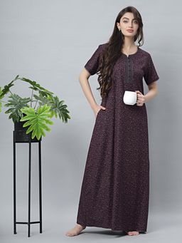 Quira - Womens Wine Cotton Blend Printed Nightdress - Half Sleeves