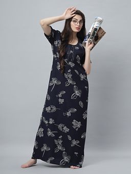 Quira - Womens Navy Blue Viscose Blend Printed Nightdress - Half Sleeves