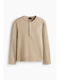 H&M - Men Beige Slim Fit Ribbed Henley T-Shirt
