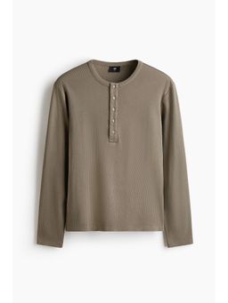 H&M - Men Green Slim Fit Ribbed Henley T-Shirt