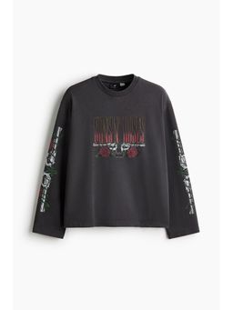 H&M - Men Black Relaxed Fit Long-Sleeved Printed Cotton T-Shirt