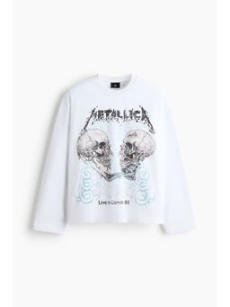 H&M - Men White Relaxed Fit Long-Sleeved Printed Cotton T-Shirt