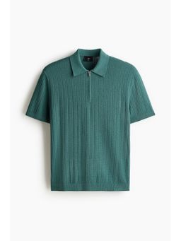 H&M - Men Green Slim Fit Textured-Knit Polo T-Shirt
