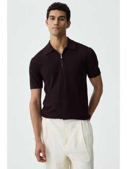 H&M - Men Brown Slim Fit Textured-Knit Polo T-Shirt