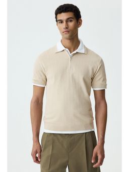 H&M - Men Beige Slim Fit Textured-Knit Polo T-Shirt