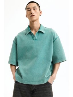 H&M - Men Green Oversized Fit Washed-Look Polo T-Shirt