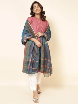 Fabindia - Teal Cotton Silk Blend Embroidered Dupatta