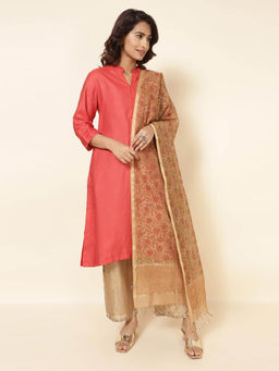 Fabindia - Mustard Cotton Silk Hand Block Printed Dupatta