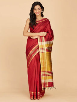 Fabindia - Maroon Silk Woven Saree with Unstitched Blouse