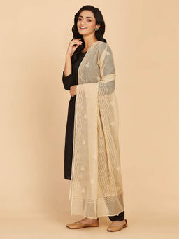 Fabindia - Beige Cotton Silk Chikankari Embroidered Dupatta