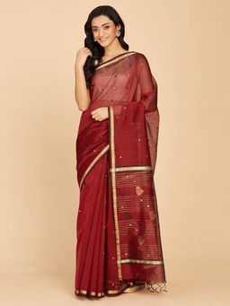 Fabindia - Maroon Cotton Silk Chanderi Woven Saree with Unstitched Blouse