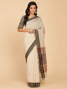 Fabindia - Beige Cotton Silk Blend Maheshwari Woven Saree with Unstitched Blouse