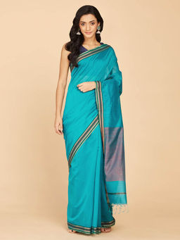 Fabindia - Turquoise Cotton Silk Maheshwari Woven Saree with Unstitched Blouse