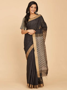 Fabindia - Black Silk Hand Woven Saree with Unstitched Blouse