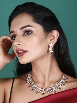 Auraa Trends - Rhodium Plated American Diamond Zircon Green Necklace Set For Women & Girls