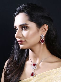 Auraa Trends - Rhodium Plated American Diamond Zircon Red Necklace Set For Women & Girls