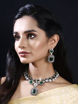 Auraa Trends - Rhodium Plated American Diamond Zircon Green Necklace Set For Women & Girls