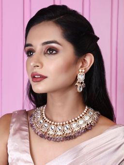 Auraa Trends - 22Kt Gold Plated Kundan Classic Purple Beads Necklace Set For Women & Girls