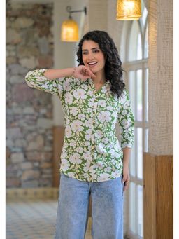 Aravalii - Women Green Floral Printed Rayon Shirt Collar Top