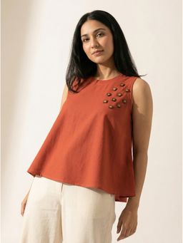 ZNKL - Women Cotton Solid A-Line Orange Top