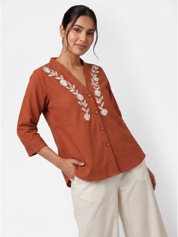 ZNKL - Women Khadi Solid A-Line Orange Top