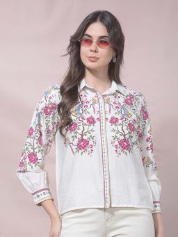 CRIMSOUNE CLUB - Off White Viscose Blend Floral Shirt