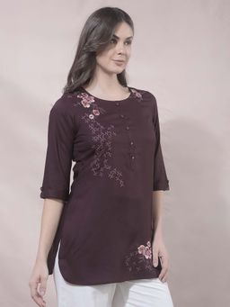 CRIMSOUNE CLUB - Wine Viscose Embroidered Tunic