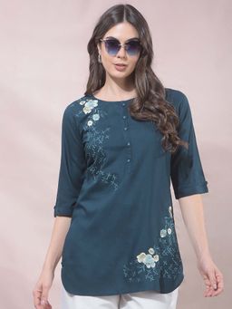 CRIMSOUNE CLUB - Green Viscose Embroidered Tunic
