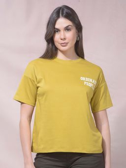 CRIMSOUNE CLUB - Mustard Cotton Blend Graphic T-Shirt