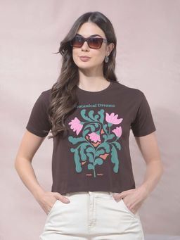 CRIMSOUNE CLUB - Brown Cotton Floral T-Shirt