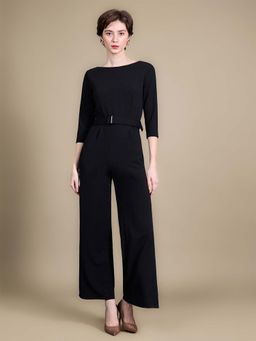 Miss Chase - Black Polyester Solid Jumpsuit with Belt