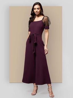 Miss Chase - Women's Dark Purple and Black Solid Straight Leg Relaxed Fit Jumpsuit