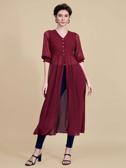 Miss Chase - Women's Maroon V-Neck Sleeves solid empire Maxi Tunic