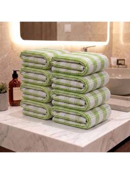 Athom Living - Premium Cotton Stripes Hand Towels - Green (Pack of 8) (M)