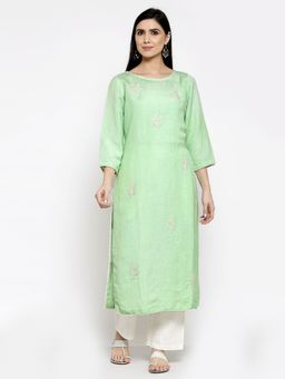 DART STUDIO - Linen Kurta With Hand Embroidery Green