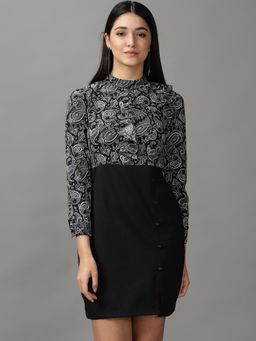 SHOWOFF - Womens High Neck Above Knee Black Paisley Dress