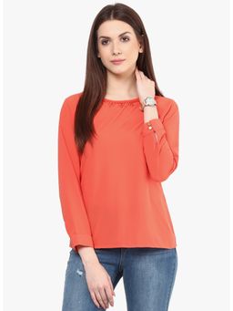 RARE - Women Coral Orange Georgette Top Embellished Detail