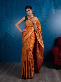 Beatitude - Orange Red Zari Silk Blend Patola Saree with Unstitched Blouse