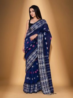Beatitude - Blue Cotton Woven Saree with Unstitched Blouse