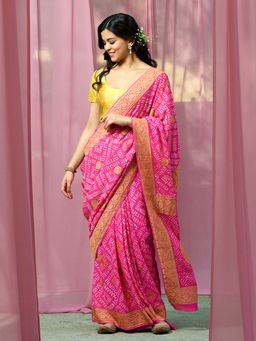 WeaverStory - Handloom Cutwork Pink Banarasi Bandhej Saree With Unstitched Blouse