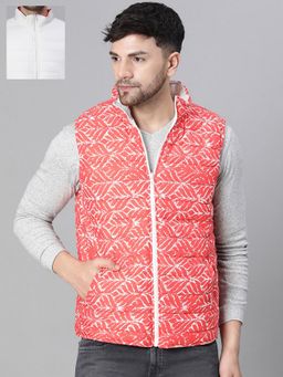 Oxolloxo - Men's Aztec Print Red Zip Lined Sleeveless Reversible Quilted Jacket