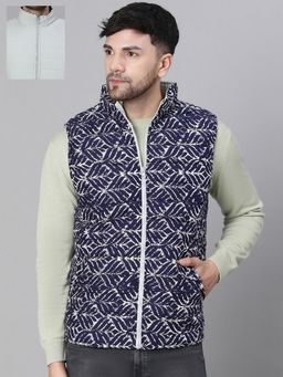 Oxolloxo - Men's Aztec Print Navy Blue Zip Lined Sleeveless Reversible Quilted Jacket