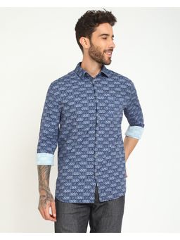 Guess - Men's Blue Cotton Printed Regular Fit Full Sleeves Shirt